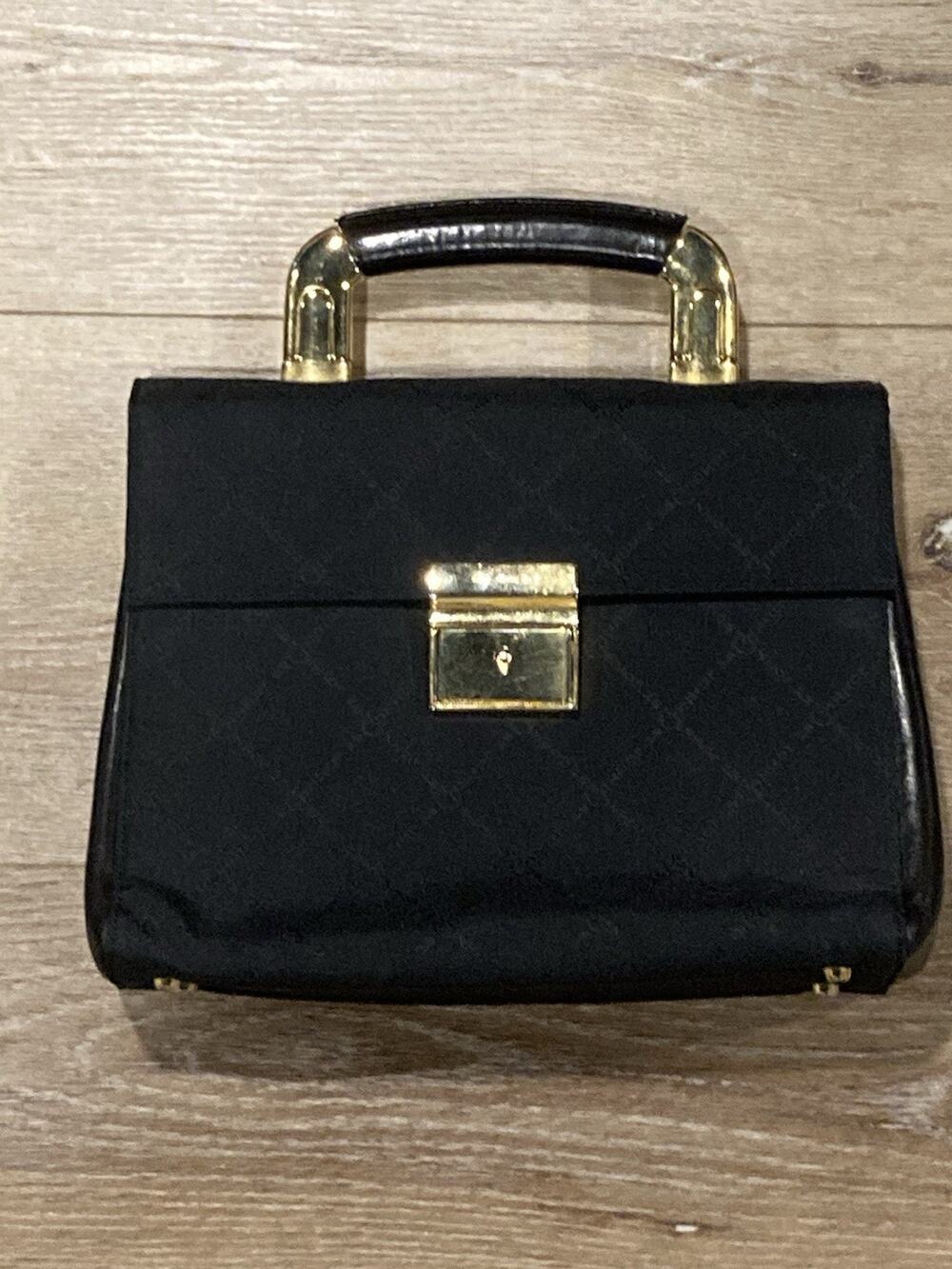 VTG St. John Black Box Bag Top Handle Gold Tone Trim Purse Genuine Leather Luxe